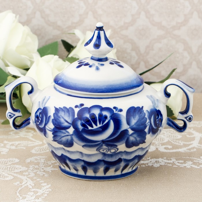 Сахарница с ручками «Расписная», гжель, кобальт