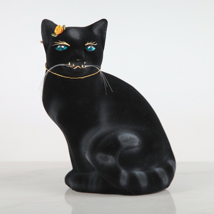 Копилка "Кошка Мурка" флок, чёрная, белая задувка