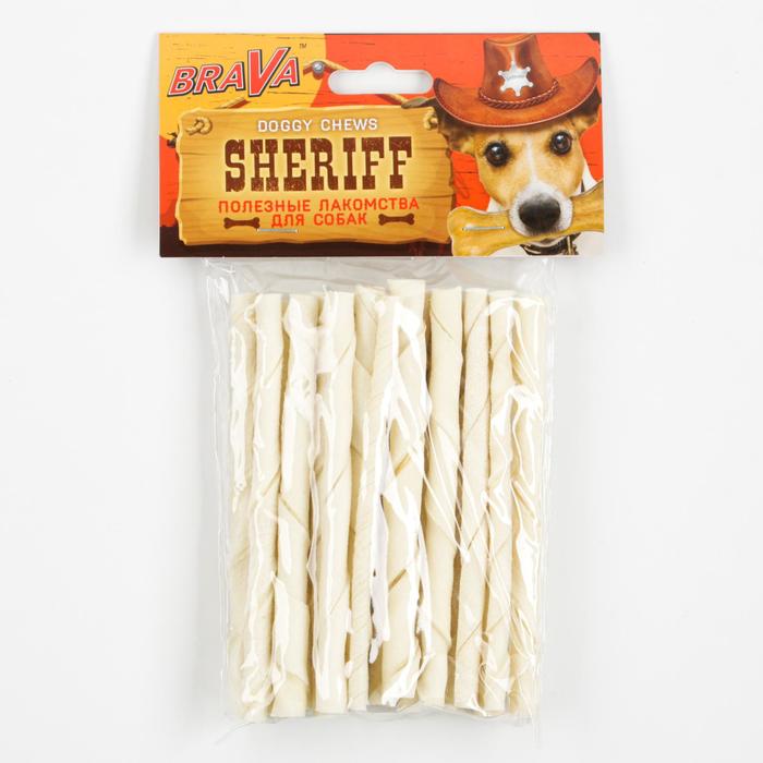 фото Лакомство brava sheriff для собак сыромятная витая палочка, белая 5" 12,5 см, 20 х 5-6 г
