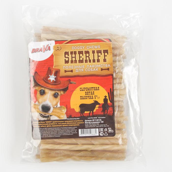 фото Лакомство brava sheriff для собак сыромятная витая палочка 5" 12,5см, 100 х 5-6 г