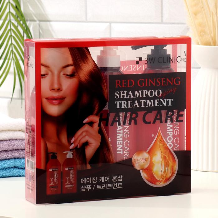Набор для ухода за волосами 3W CLINC Red Ginseng Shampoo Aging Treatment, 3 шт. по 500 мл