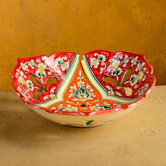 Фруктовница Риштанская Керамика Цветы, 26 см, красная чайная пара риштанская керамика цветы 250 мл красная