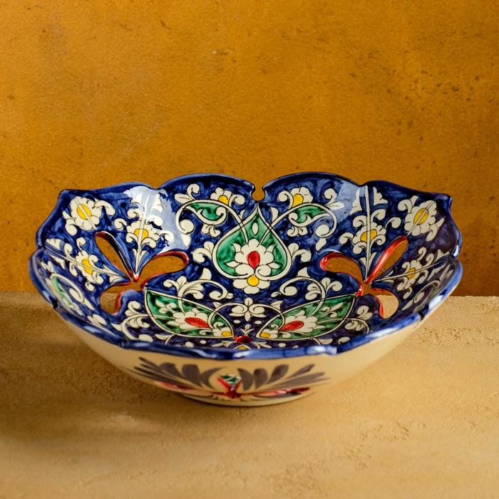 Фруктовница Риштанская Керамика Цветы, 26 см, синяя фруктовница риштанская керамика цветы 26 см красная