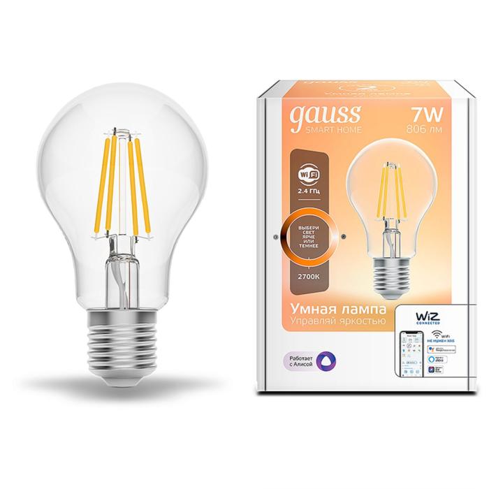 Лампа светодиодная филаментная Gauss Smart Home DIM, А60, Е27, 7 Вт, 2700 К