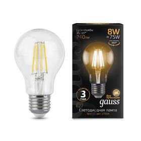 

Лампа Светодиодная Gauss Filament, А60, Е27, 8 Вт, 3000 К, 720 Лм