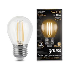 

Лампа Светодиодная Gauss Filament, Шар, Е27, 5 Вт, 2700 К, 420 Лм
