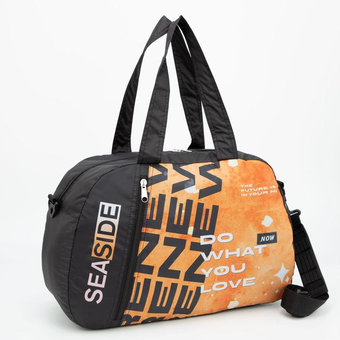 фото Сумка спортивная, отдел на молнии, наружный карман, длинный ремень, цвет чёрный/оранжевый