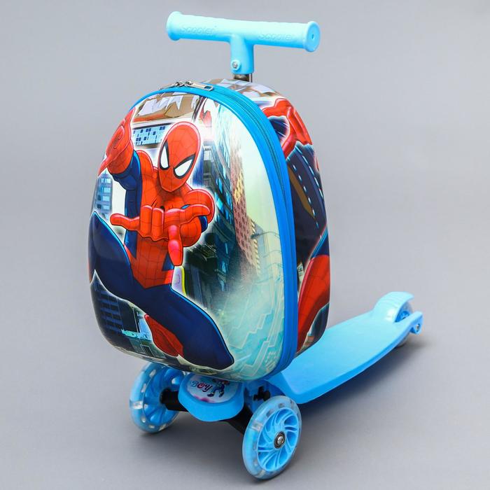 фото Чемодан детский человек-паук, с самокатом, отдел на молнии, 3 колеса, marvel disney