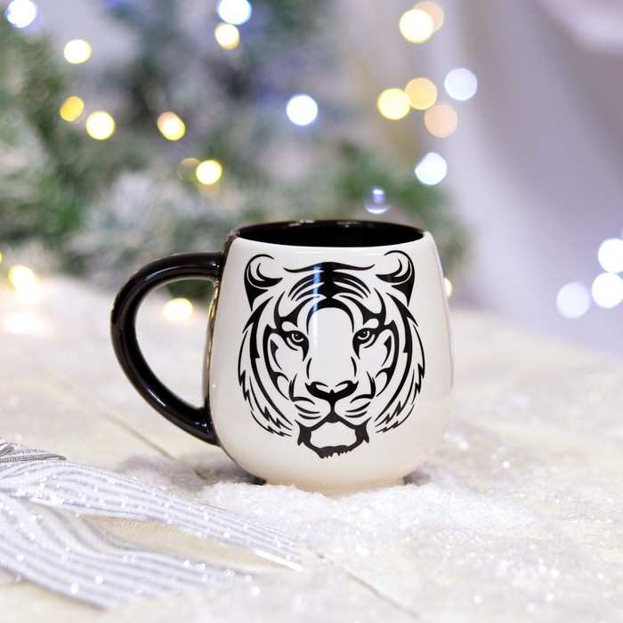фото Кружка "чайная", деколь, тигр, черно-белая, микс керамика ручной работы