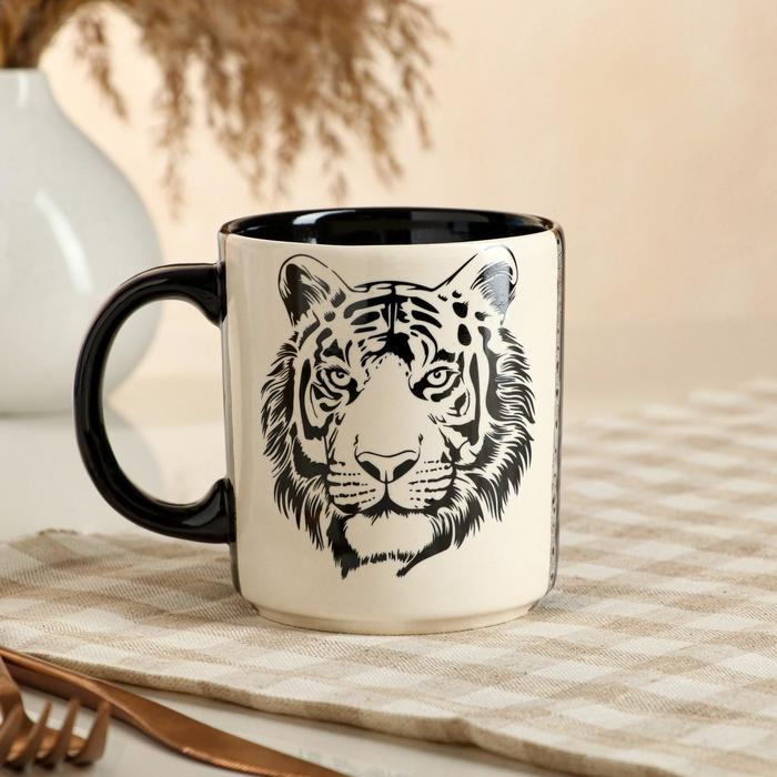 фото Кружка "офисная", деколь, тигр, черно-белая, микс керамика ручной работы