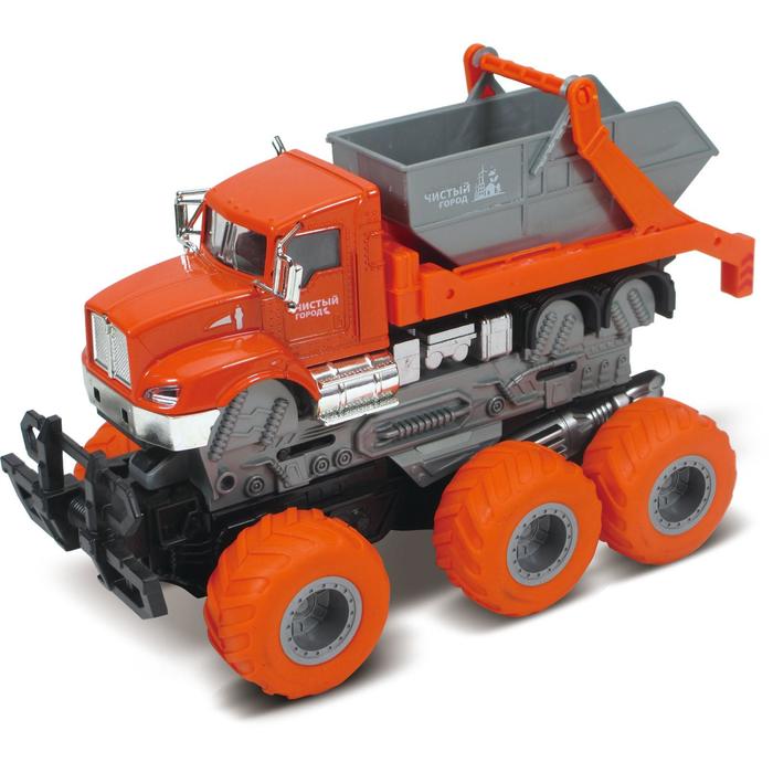 Мусоровоз с краш-эффектом, фрикционный, 6×6, оранжевый машина транспортер с краш эффектом кабина фрикционная 6×6