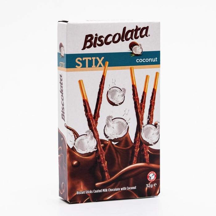 Бисквитные палочки Biscolata в молочном шоколаде с кокосовой стружкой, 32 г палочки бисквитные biscolata покрытые молочным шоколадом 40 г