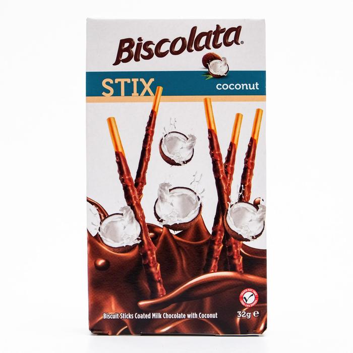 фото Бисквитные палочки biscolata в молочном шоколаде с кокосовой стружкой, 32 г solen