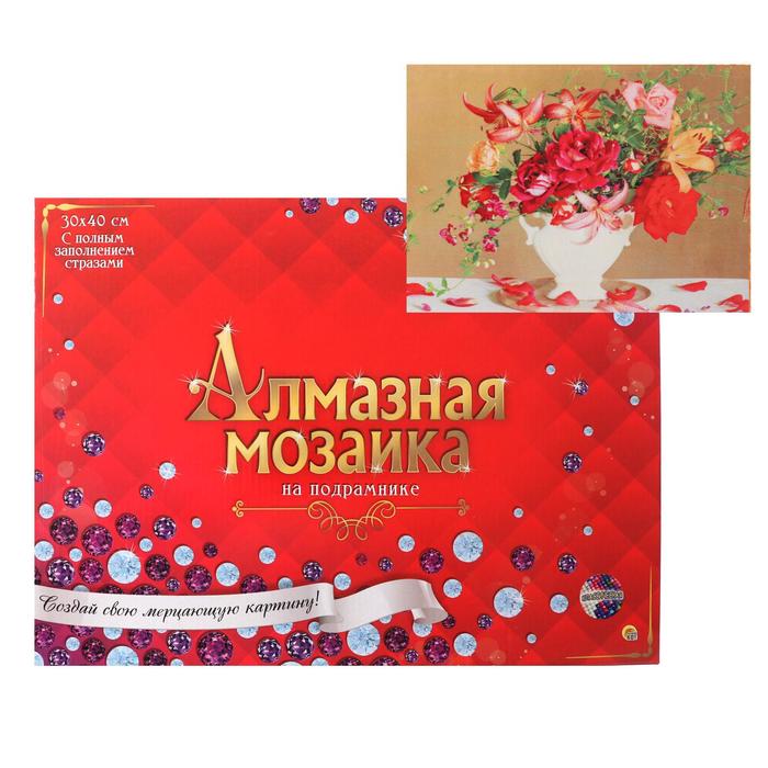 

Алмазная мозаика 30×40 см, полное заполнение, c подрамником, 34 цв «Цветы на столе в белой вазе»