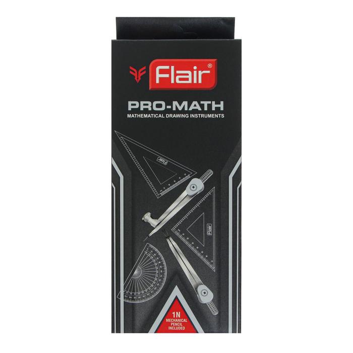 фото Готовальня flair pro-math 10 предметов (линейка-15см, 2 угольника, транспортир, точилка, ластик, 2 циркуля, карандаш, автоматический карандаш), в металлическом футляре, картонной коробке с европодвесом