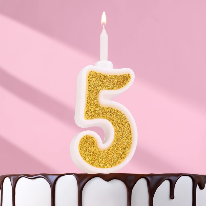 Свеча для торта Суперблеск, 10,4 см, цифра 5, золотая блестка