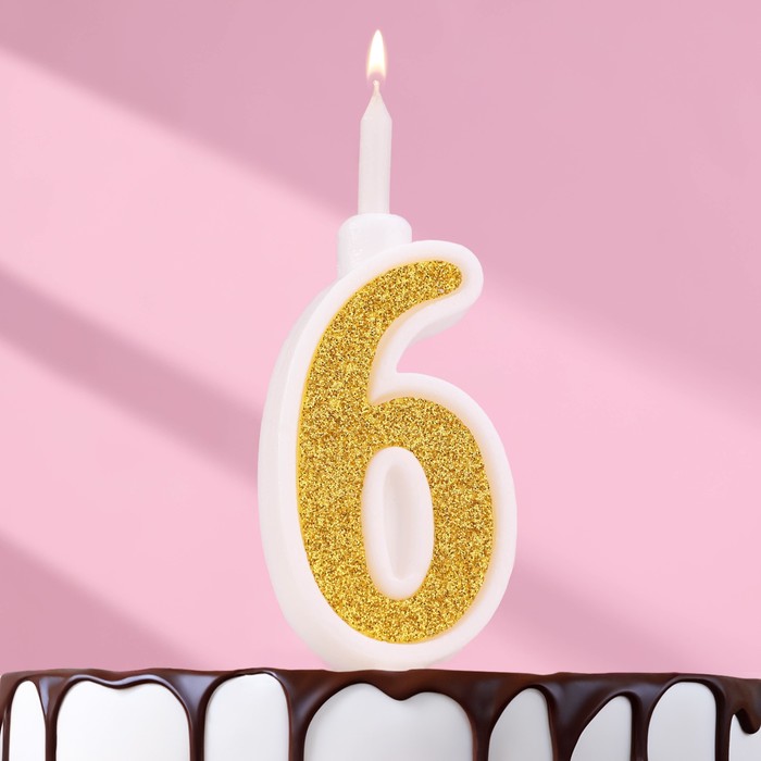Свеча для торта Суперблеск, 10,4 см, цифра 6, золотая блестка