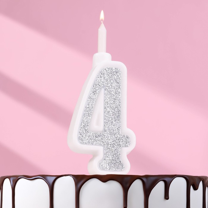 Свеча для торта Суперблеск, 10,4 см, цифра 4, серебряная блестка
