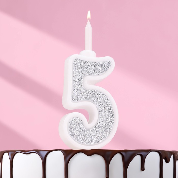 Свеча для торта Суперблеск, 10,4 см, цифра 5, серебряная блестка