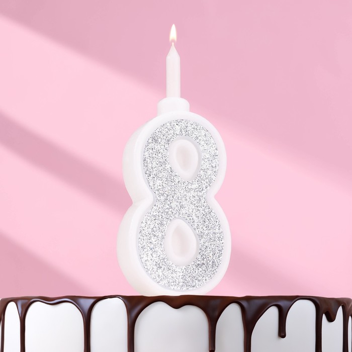 Свеча для торта Суперблеск, 10,4 см, цифра 8, серебряная блестка