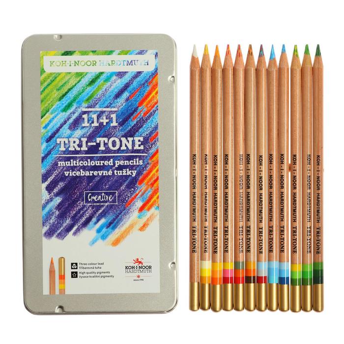 Карандаши много цвета Koh-I-Noor TRI-TONE 3442 12 штук, металлический пенал карандаши много цвета koh i noor tri tone 3442 12 штук металлический пенал