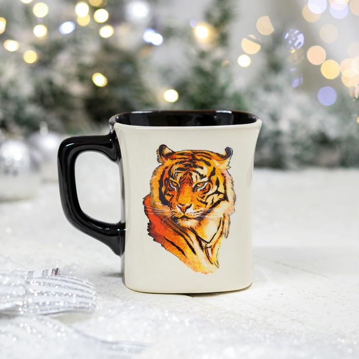 фото Кружка "квадрат", деколь тигр, цветная, 0.4 л керамика ручной работы