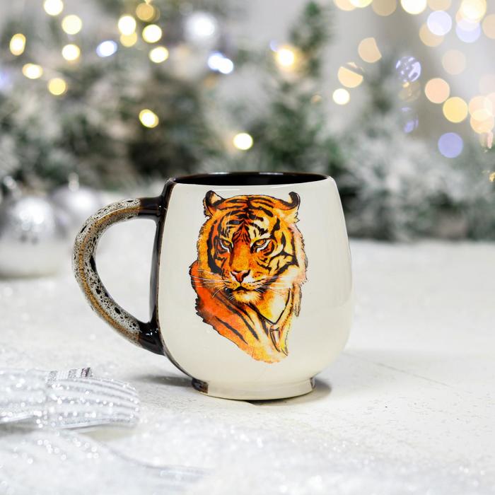 фото Кружка "чайная", деколь тигр, черно-белая, 0.4 л керамика ручной работы