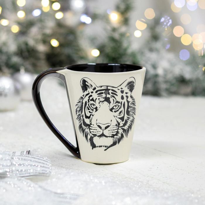 фото Кружка "парусная", деколь, тигр, черно-белая, 0.3 л керамика ручной работы