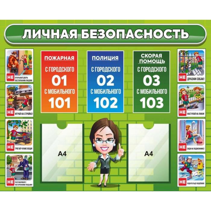 

Информационный стенд личной безопасности 2 плоских кармана А4, 110см х 90см