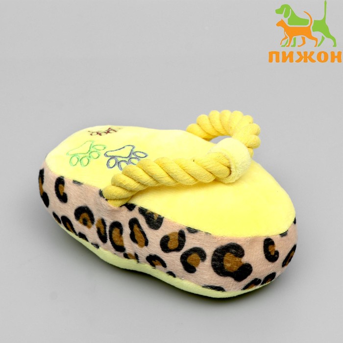 Игрушка мягкая для собак Тапок с канатом, с пищалкой, 15 см, жёлтая