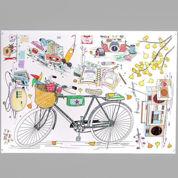 фото Наклейка пластик интерьерная цветная "велосипед, магнитофон и фотоаппарат" 60х90 см