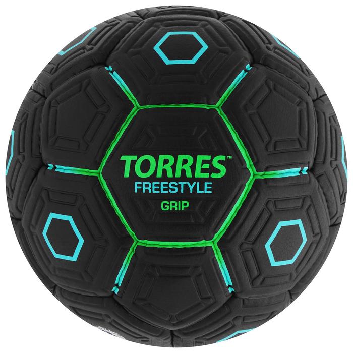 фото Мяч футбольный torres freestyle grip, размер 5, 32 панели, pu, ручная сшивка, цвет чёрный/зелёный/голубой