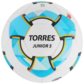 Мяч футбольный TORRES Junior-5, размер 5, вес 390-410 г, глянцевый ПУ, 3 слоя, 32 панели, ручная сшивка, цвет белый/синий/жёлтый