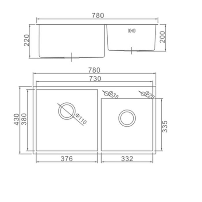 Мойка кухонная AFLORN AF97843-D, врезная, двойная, S=3,0 и 0,8 мм, 78х43х20 см, сифон, сатин