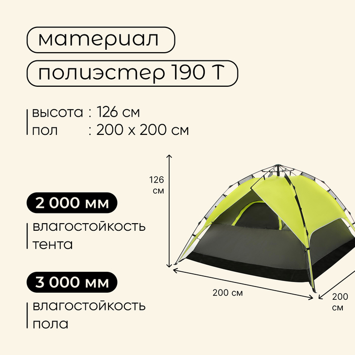 Палатка-автомат туристическая SWIFT 3, размер 200 х 200 х 126 см, 3-местная, однослойная