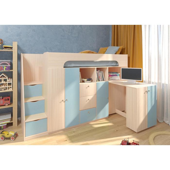 цена Детская кровать-чердак «Астра 11», цвет дуб молочный / голубой