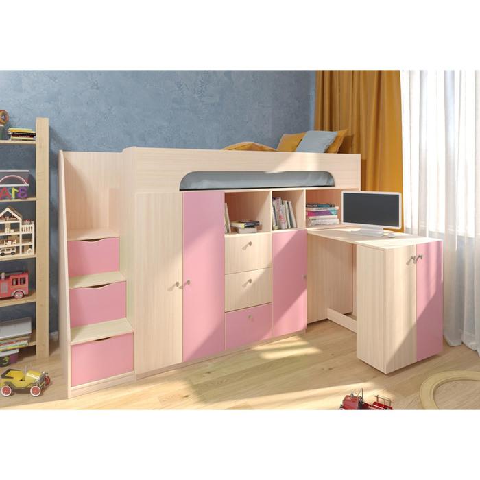 цена Детская кровать-чердак «Астра 11», цвет дуб молочный / розовый