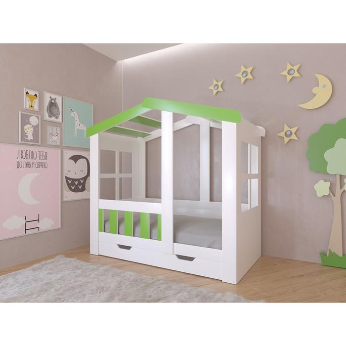 Детская кровать-чердак «Астра домик», с ящиком, цвет белый / салатовый