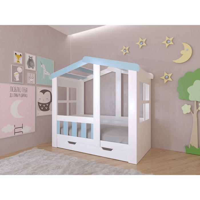 Детская кровать-чердак «Астра домик», с ящиком, цвет белый / голубой