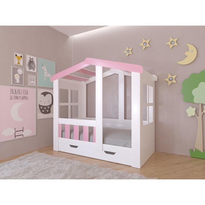 Детская кровать-чердак «Астра домик», с ящиком, цвет белый / розовый