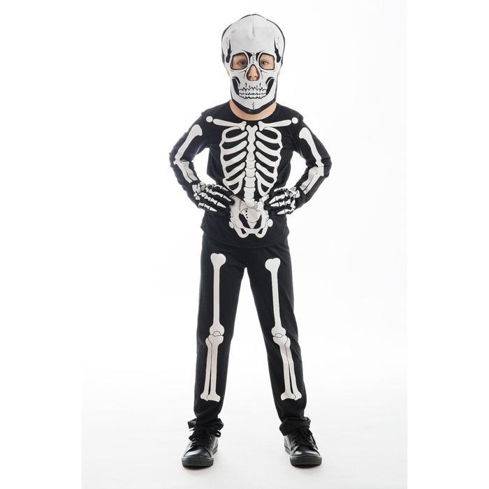 Карнавальный костюм «Скелетон», брюки, фуфайка, шапка-маска, перчатки, р. 28, рост 110 см
