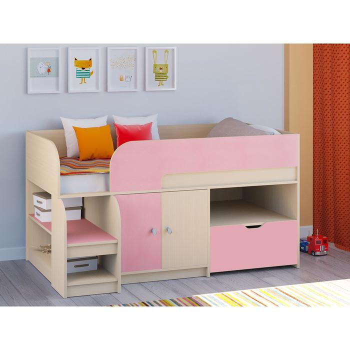 фото Детская кровать-чердак «астра 9 v4», цвет дуб молочный/розовый