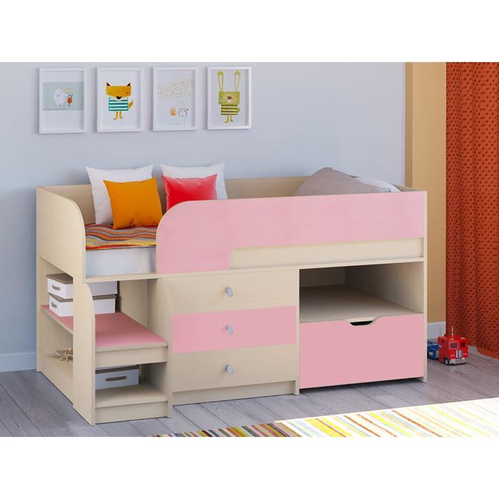 Детская кровать-чердак «Астра 9 V5», цвет дуб молочный/розовый
