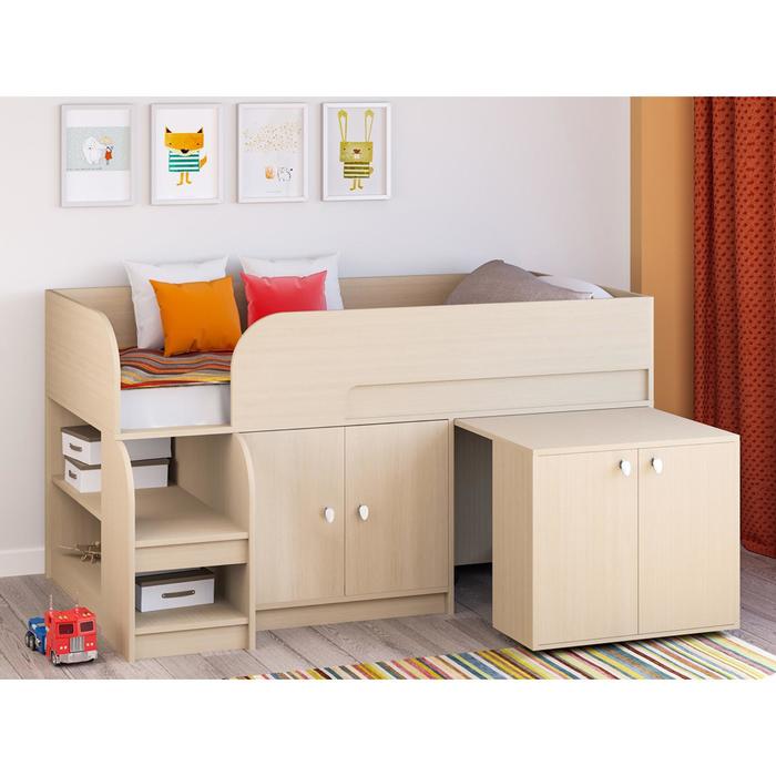 Детская кровать-чердак «Астра 9 V8», выдвижной стол, цвет дуб молочный/дуб молочный
