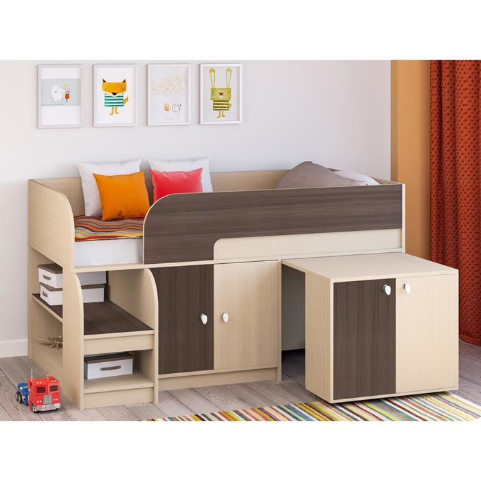 Детская кровать-чердак «Астра 9 V8», выдвижной стол, цвет дуб молочный/дуб шамони