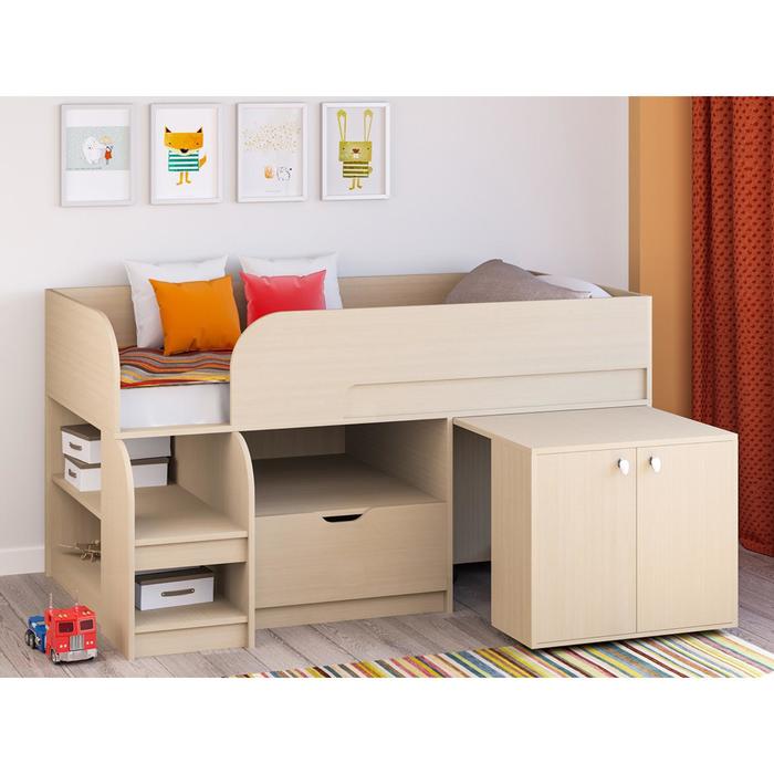 Детская кровать-чердак «Астра 9 V9», выдвижной стол, цвет дуб молочный/дуб молочный
