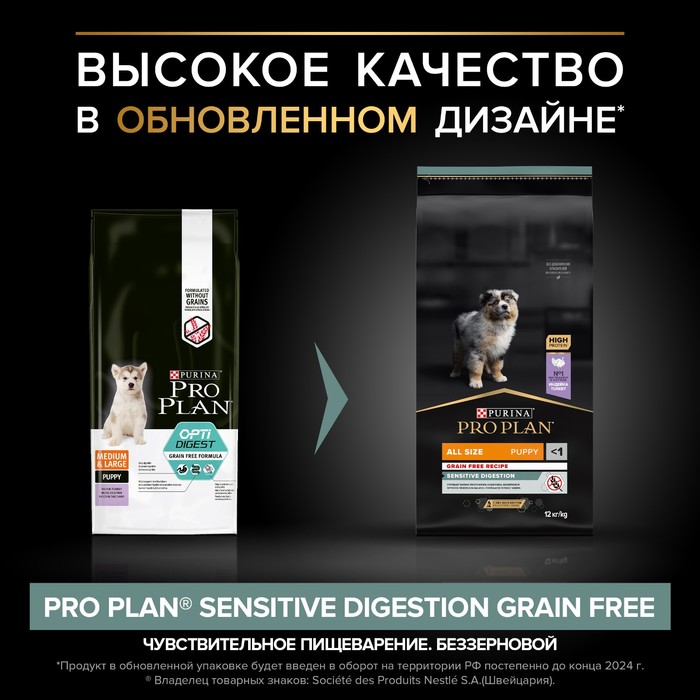 Беззерновой корм PRO PLAN для собак и щенков с чувствительным пищеварением, индейка, 12 кг