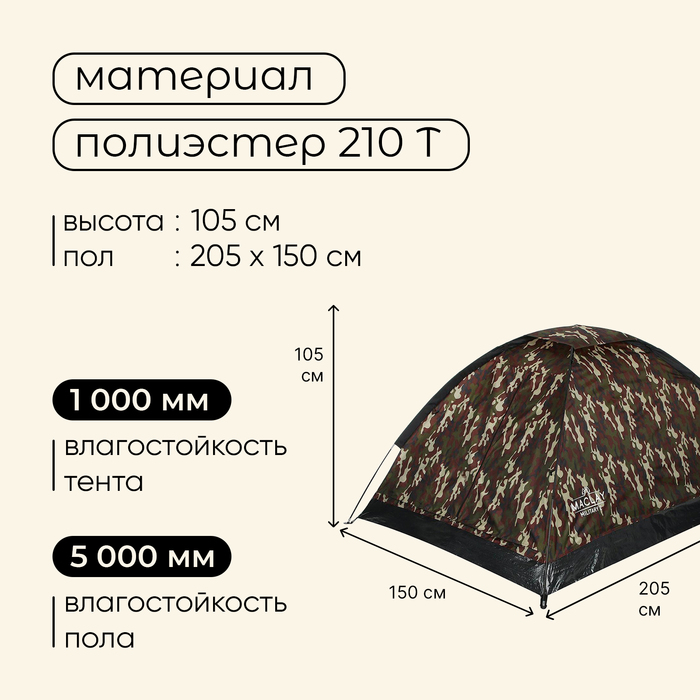 Палатка туристическая MILITARY 2, размер 205 х 150 х 105 см, 2-местная, однослойная