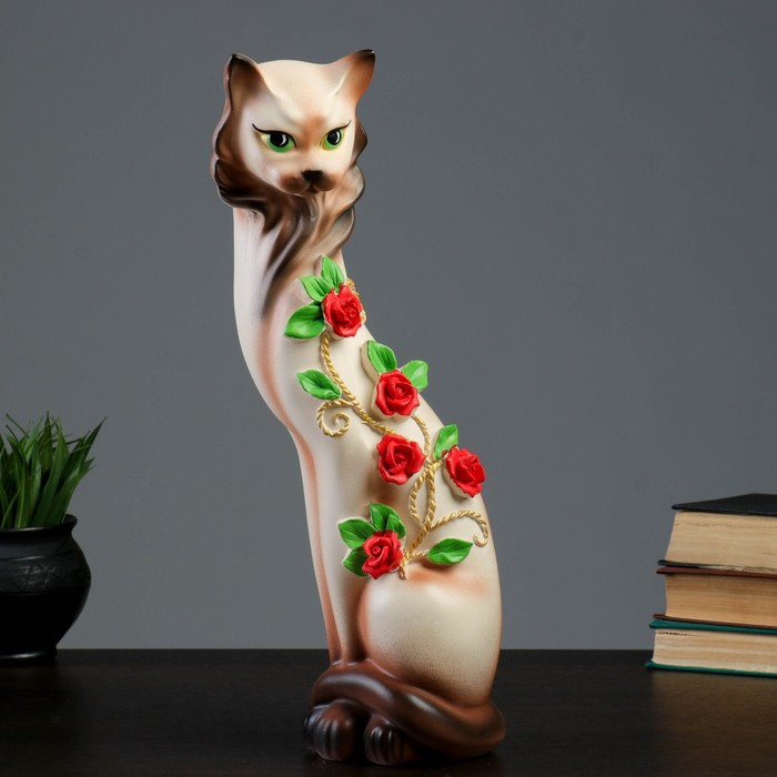 Копилка "Кошка Маркиза" средняя с розочками бежевая