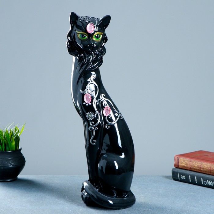 Сувенир "Кошка Маркиза" со стразами чёрная с серебром